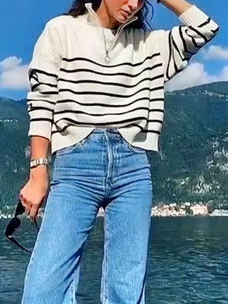 

Long Sleeve Stripes Loosen Sweater, Black-white, Pullovers