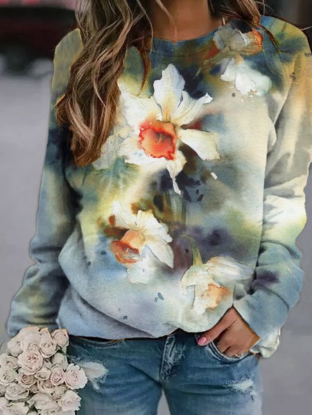 

Vintage Flowers Print Women's Crew Neck Sweatshirt, As picture, Hoodies&Sweatshirts