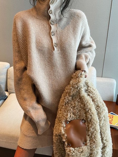 

Long Sleeve Casual High Neck Sweater, Camel, Mini Dresses