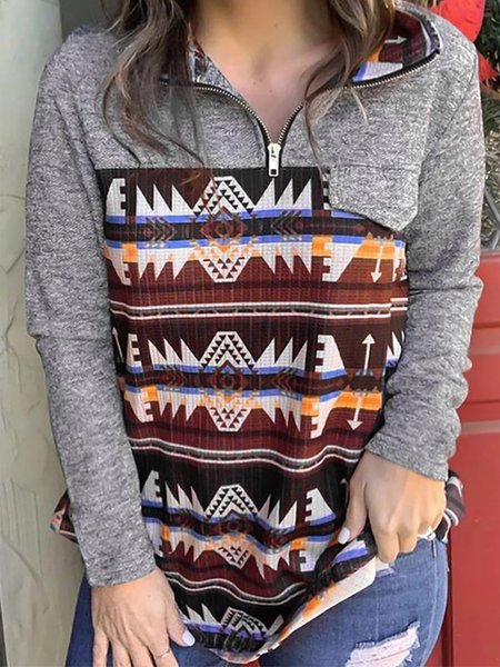 Shirt Collar Tribal Off Shoulder Shirts & Tops, Gray, Hoodies & Sweatshirts
