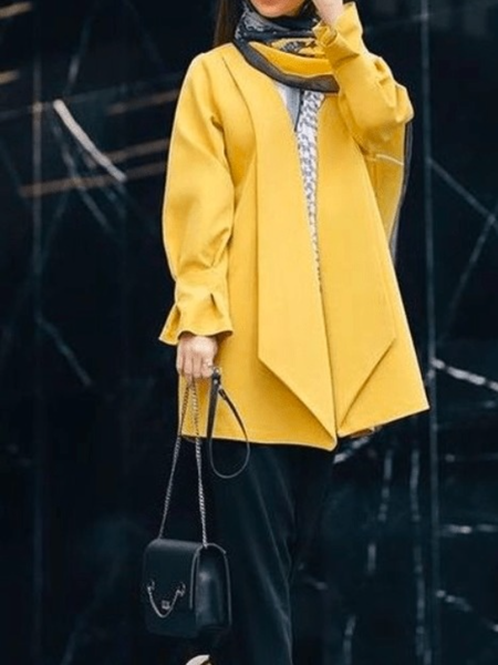 

Fall Lapel Simple Plain Mid-weight Non-Stretch Daily Long sleeve Outerwear, Yellow, Coats