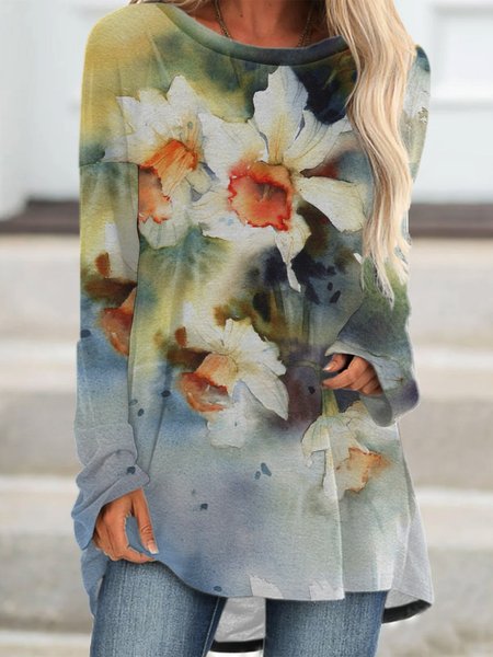 

Vintage Flowers Print Long Sleeve Short Dress, As picture, Dresses