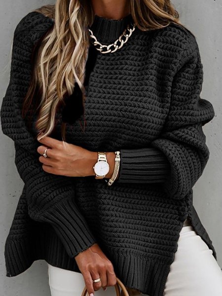 

Acrilico alto Collo Tinta unita Allentare Maglione, Nero, Sweater