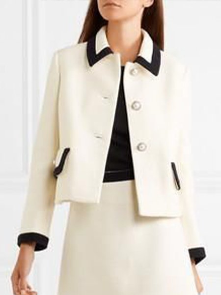 

Lapel Elegant Color Block Jacket, White, Coats