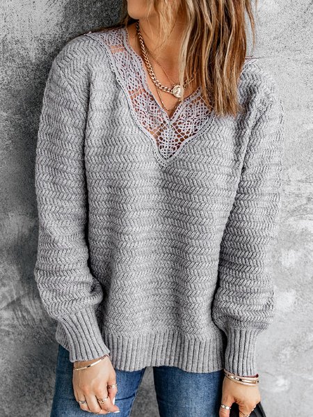 

Loosen V Neck Plain Sweater, Gray, Sweaters & Cardigans