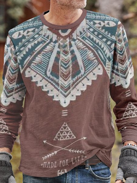 Western ethnic style long-sleeved men's T-shirt Sweatshirt, Khaki, Hoodies&Sweatshirts
