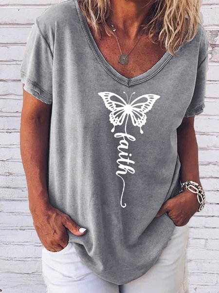 

Butterfly letter printed V-neck short-sleeved T-shirt, Gray, T-shirts