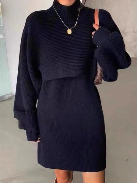 

High Neck Loosen Sweater Suit, Black, Two-piece Set