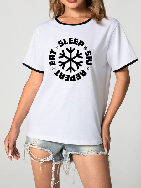 

Unocis Eat Sleep Ski Repeat Printed Crew Neck Short Sleeve Ringer Tee, Black, T-shirts