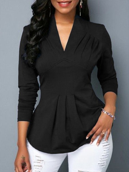 

V Neck Long Sleeve Work Top, Black, Blouses and Shirts