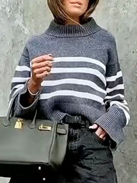 

Casual Long Sleeve Stripes High Neck Sweater, Gray, Pullovers