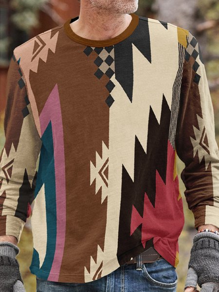 

Irregular pattern National style men's long-sleeved T-shirt Sweatshirt, Khaki, Hoodies&Sweatshirts