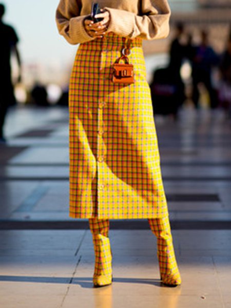 

Elegant Regular Fit Grid Work Skirt, Yellow, Midi Skirts