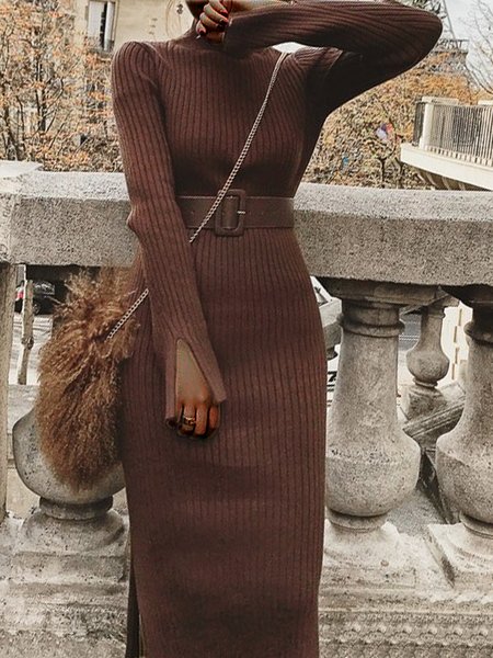 

Tinta unita alto Collo Regolare In forma Abito, Caffè, Midi Dresses