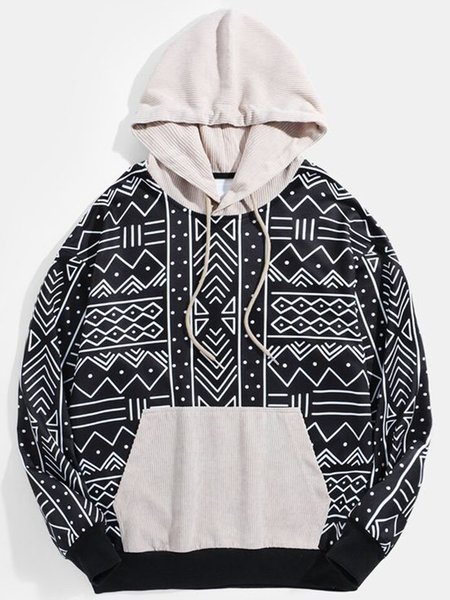 

Geometric Long Sleeve Hooded Sweatshirt, Black, Men's Sweater