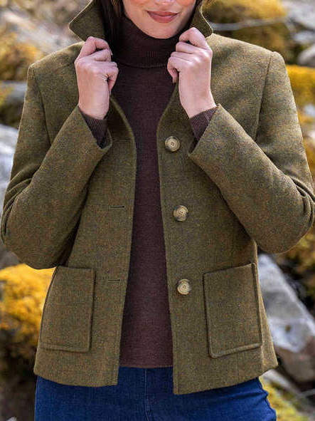 

Women Plain Retro Lapel Pocket Long Sleeve Jacket, Yellow brown, Coats