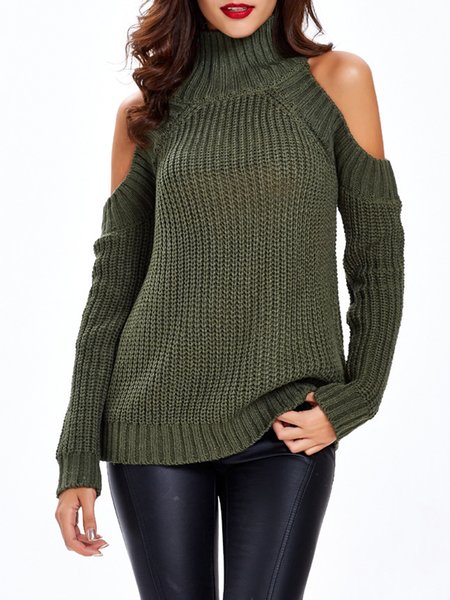 

High Neck Long sleeve Regular fit Simple Sweater, Army green, Pullovers