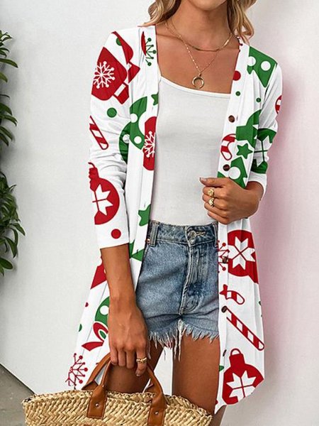 

Sweet Christmas Loosen Geometric Printed Outerwear, White, Cardigans