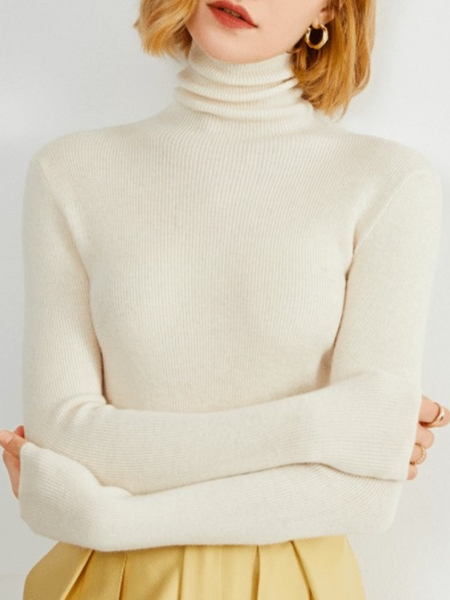 

Fall Slim Fit Plain High Neck High Stretch Daily Work Long sleeve Sweater, White, Pullovers