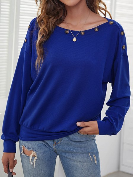 

Plain Buttoned Crew Neck Shirts & Tops, Blue, Tops