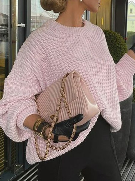

Long Sleeve Daily Loosen Solid Sweater, Light pink, Pullovers