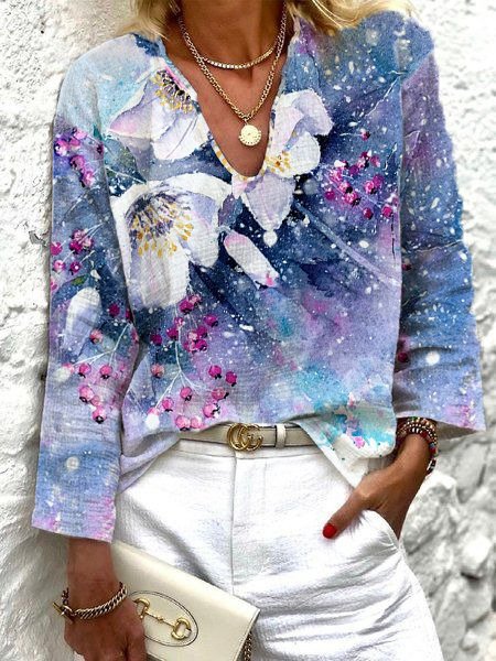 

Retro Flower Print Women Shirts & Tops, As picture, Blouses