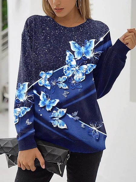 

Crew Neck Cotton Blends Loosen Sweatshirt, Blue, Sweatshirts & Hoodies