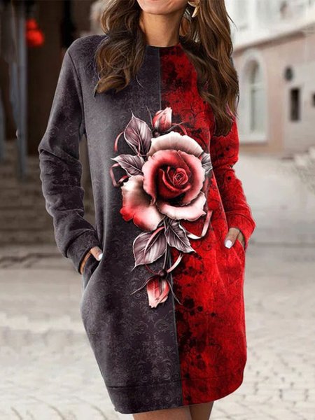 

Casual Floral Printed Round Neck Dresses, Black-red, Mini Dresses