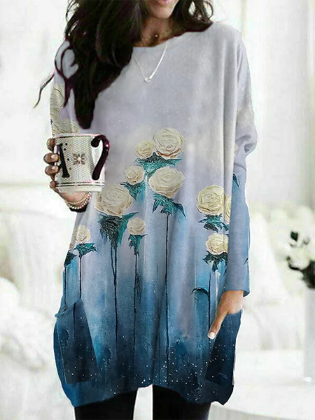 

Floral Crew Neck Casual Long Sleeve Shirts & Tops, As picture, T-Shirts