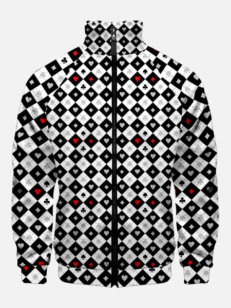 

Men's Plaid Poker Cards Print Stand Collar Zipper Jackets, White, Jacket