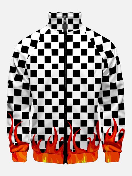 

Checkerboard Fire Print Stand Collar Casual Full-zip Jackets, Blue, Jacket