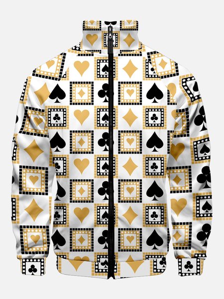 

Men's Poker Cards Print Zipper Stand Collar Jackets, White, Jacket