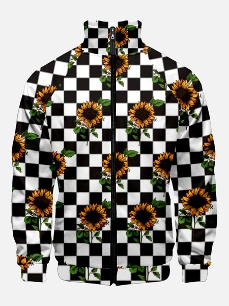 

Checkerboard Sunflower Print Vintage Stand Collar Jackets, Outerwear