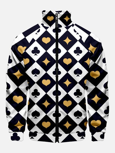 

Poker Plaid Sporty Stand Collar Jackets, Black, Outerwear