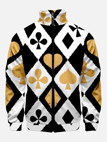 

Men's Poker Cards Print Zipper Stand Collar Jackets, White, Jacket