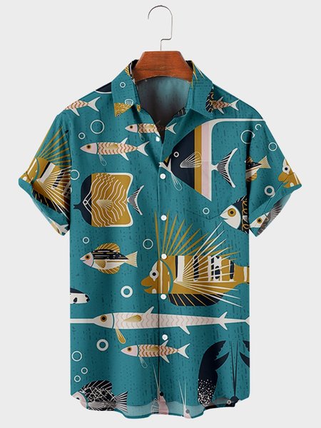 

Shirt Collar Short Sleeve Shirts, Green, Shirts ＆ Blouse