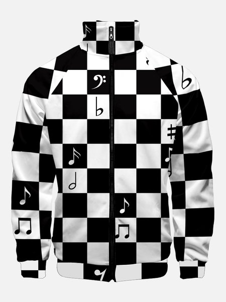 

Men's Checkboard Print Zipper Stand Collar Jackets, White, Jacket
