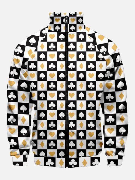 

Men's Poker Cards Print Zipper Stand Collar Jackets, White, Jacket