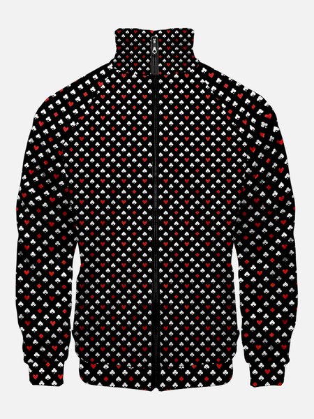 

Poker Print Stand Collar Long Sleeve Jackets, Black, Jacket