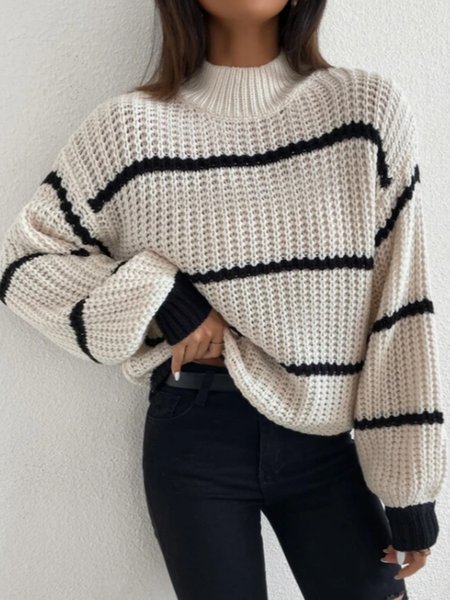 

Loosen Round Neck Casual Off Shoulder Sweater, Black-white, Sweaters