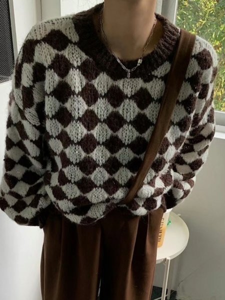 

Long Sleeve Vintage Grid Sweater, Coffee, Pullovers