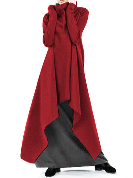 alto Collo Cotone miscele Gonna Casuale, Vino rosso, Maxi Dresses
