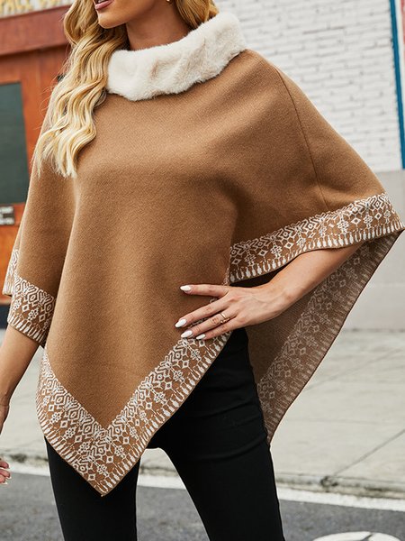 Fur Collar Jacquard Regular fit Elegant Sweater, Khaki, Pullovers