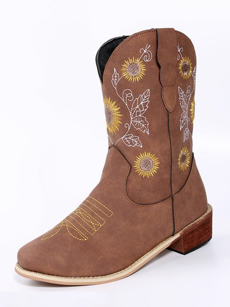 

Casual Ethnic Embroidered Sunflower Cowboy Boots, Brown, Boots