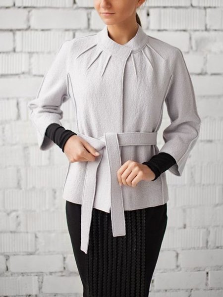 

long Sleeve Casual Plain Outerwear, Light gray, Coats