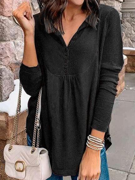 

Solid V-Neck Long Sleeves T-shirts, Black, Long sleeve tops