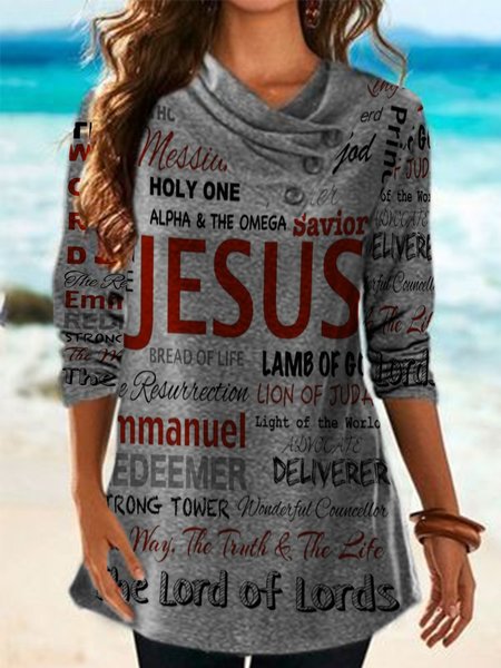 

Vintage Letters Jesus Printed Cowl Neck Long Sleeves Plus Size Casual Tops, Gray, T-Shirts
