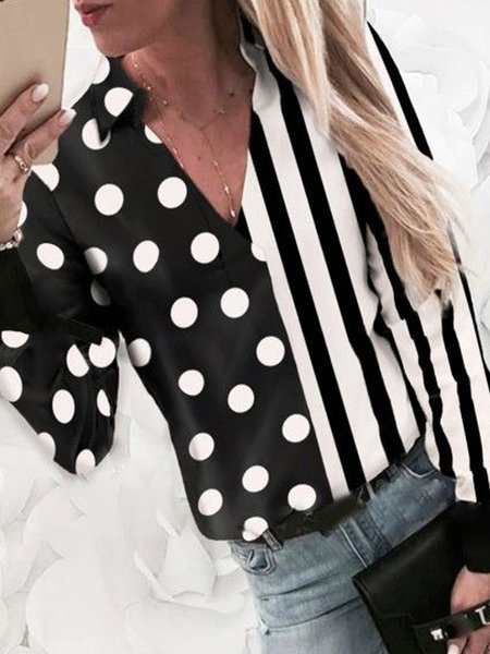 

Color-block Polka Dots Striped Printed Long Sleeves Plus Size Casual Tops, Black-white, Tops