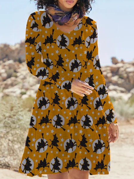 

Casual Loosen V neck A-line Long Sleeve Dresses, Yellow, Mini Dresses
