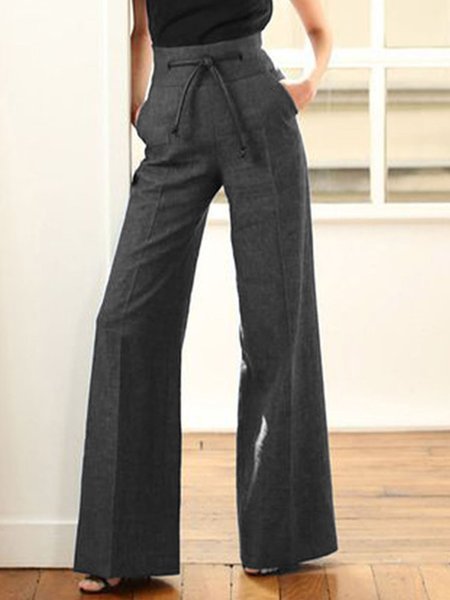 

Stright Leg Long Work Plain Pants, Gray, Wide Leg Pants